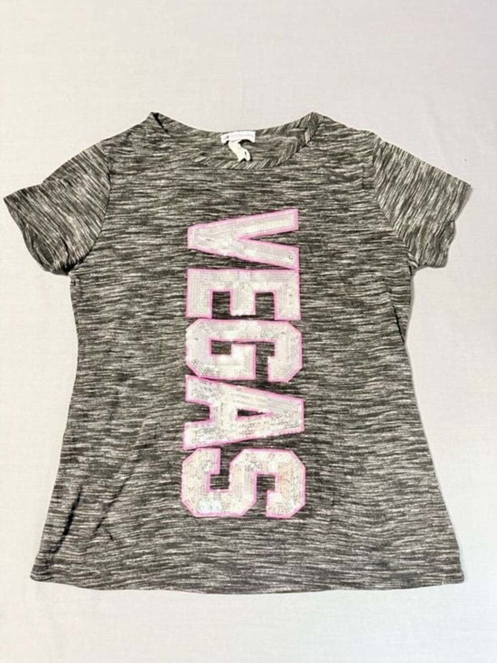 MGM Resorts Women's Gray 'Sequined VEGAS' Graphic Tee with Pink Accent Sz medium